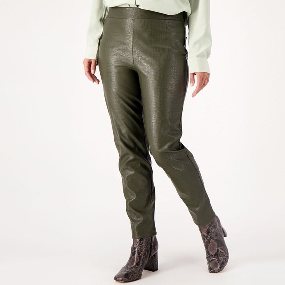 Isaac Mizrahi Live! Womens Faux Crocodile Leather Pull On Pants Dark Green 24W - Picture 1 of 6